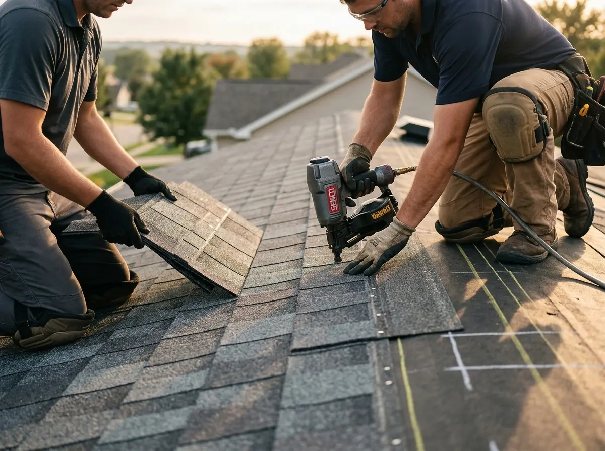 Professional roofer working on a residential roof in Charlottesville